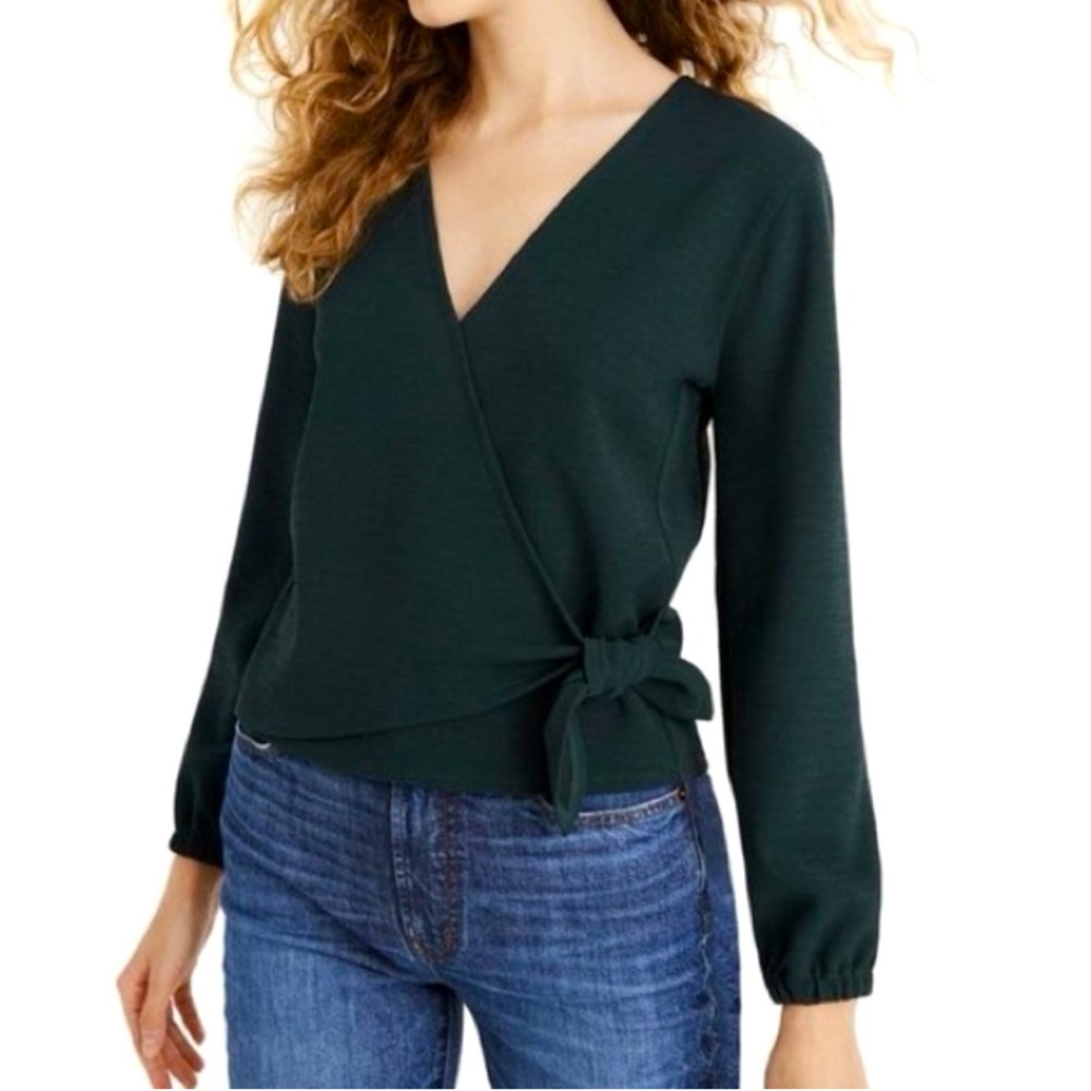 Women's Madewell Texture & Thread Green Crepe Wrap Top, Size Medium